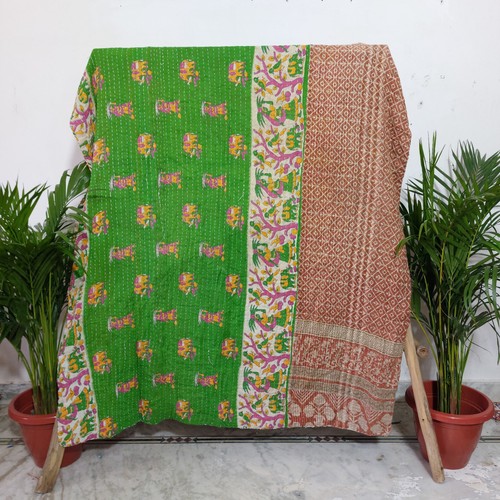 Green brown vintage kantha - green,