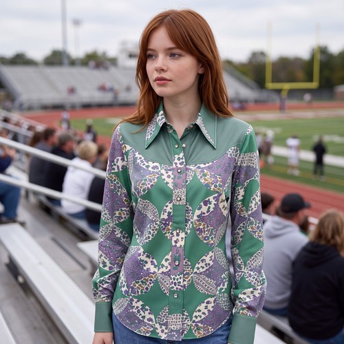 Green patchwork western shirt - patchwork,