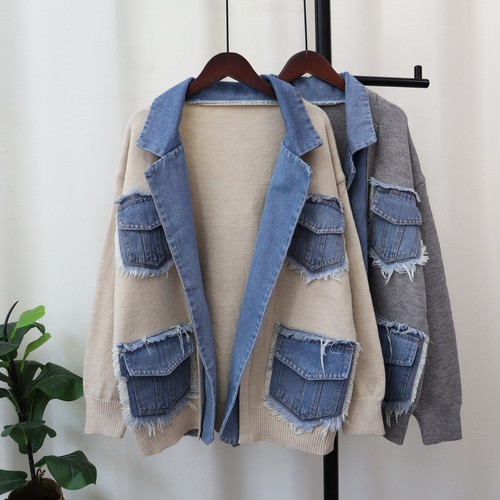 Women denim patchwork knit - patchwork,
